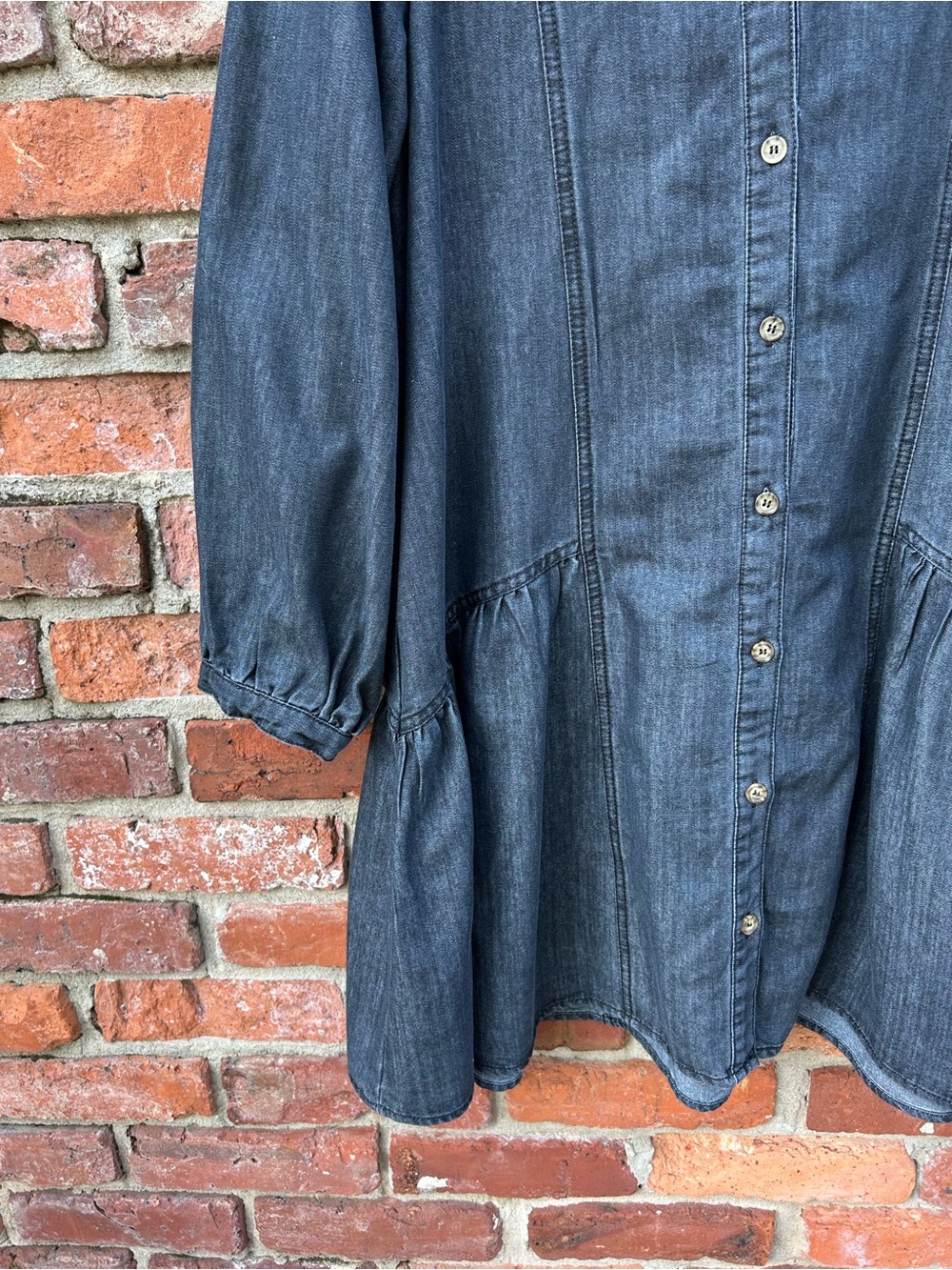 Entro Denim Button-Front Babydoll Dress Long Sleeve Cotton Blend M Gray Pockets - Picture 3 of 7